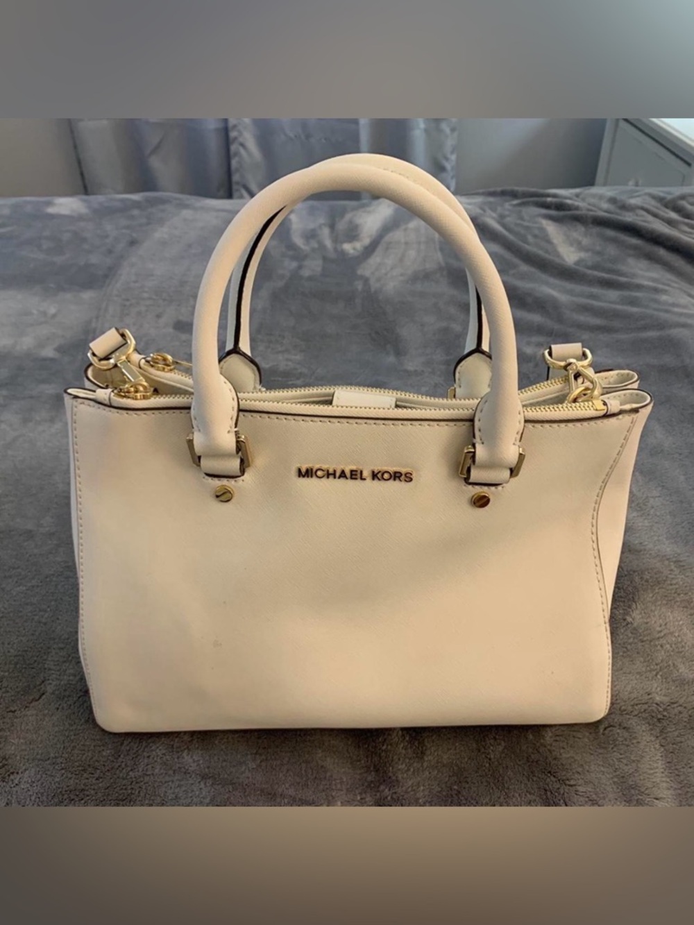 Michael Kors White/Cream Saffiano Leather Satchel with Gold Hardware